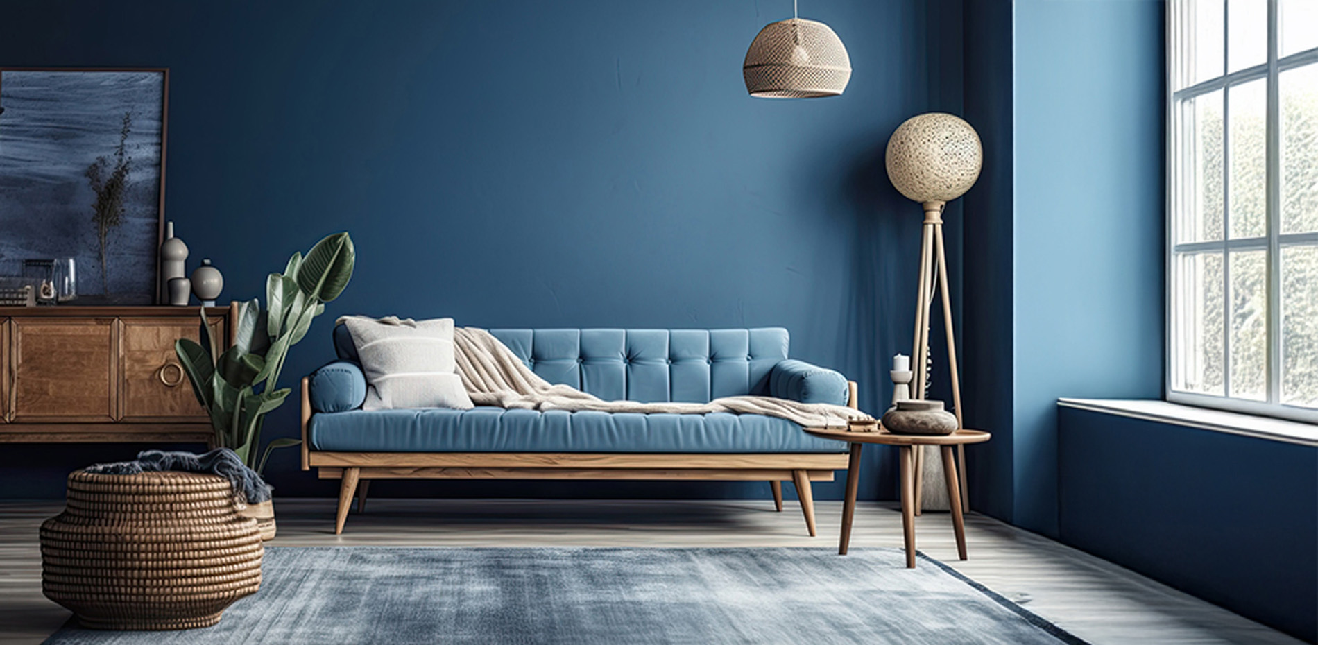 Moderne Wohnraumgestaltung mit blauer Wand als Anwendung für Dispersionsfarben von Habich